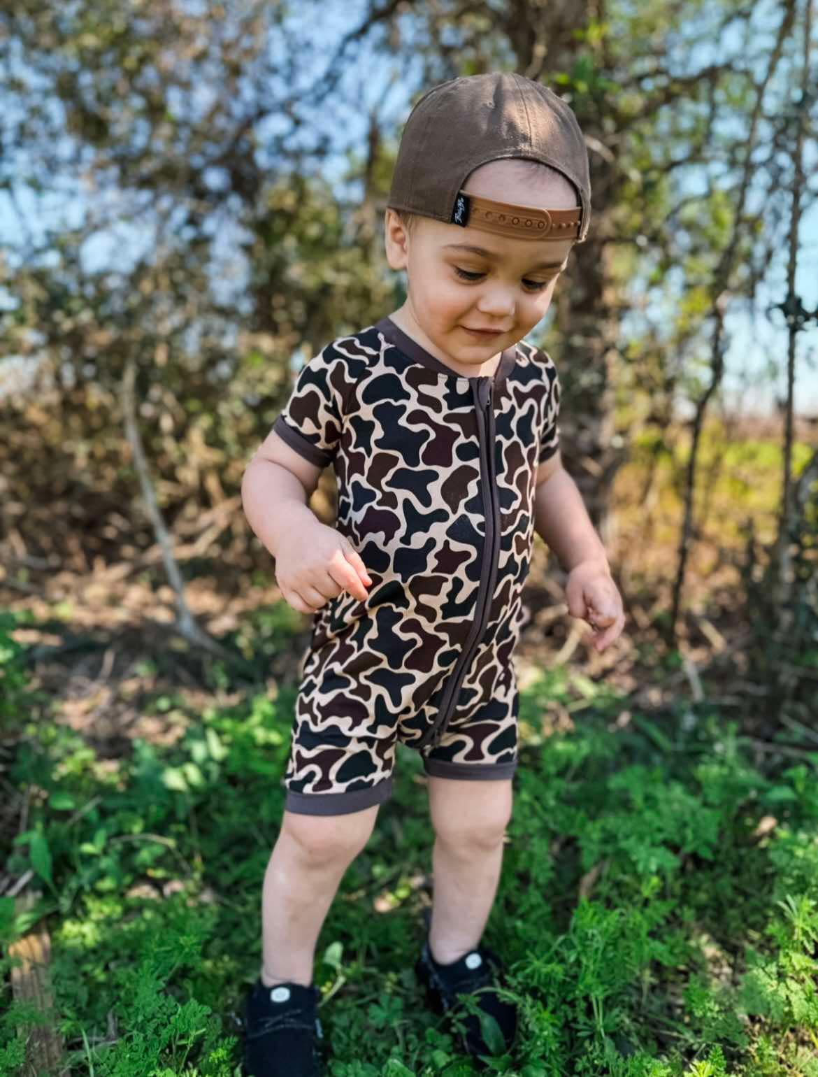 Wild Redz Old School brown Camo Bamboo Baby Onesie with zipper